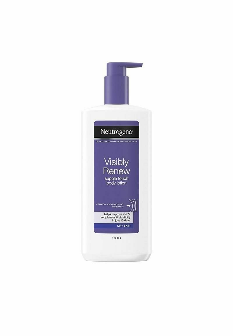 Neutrogena Visibly Renew kroppslotion i en vit flaska med en lila pump. Har en lila etikett som beskriver kollagen-boostande egenskaper.