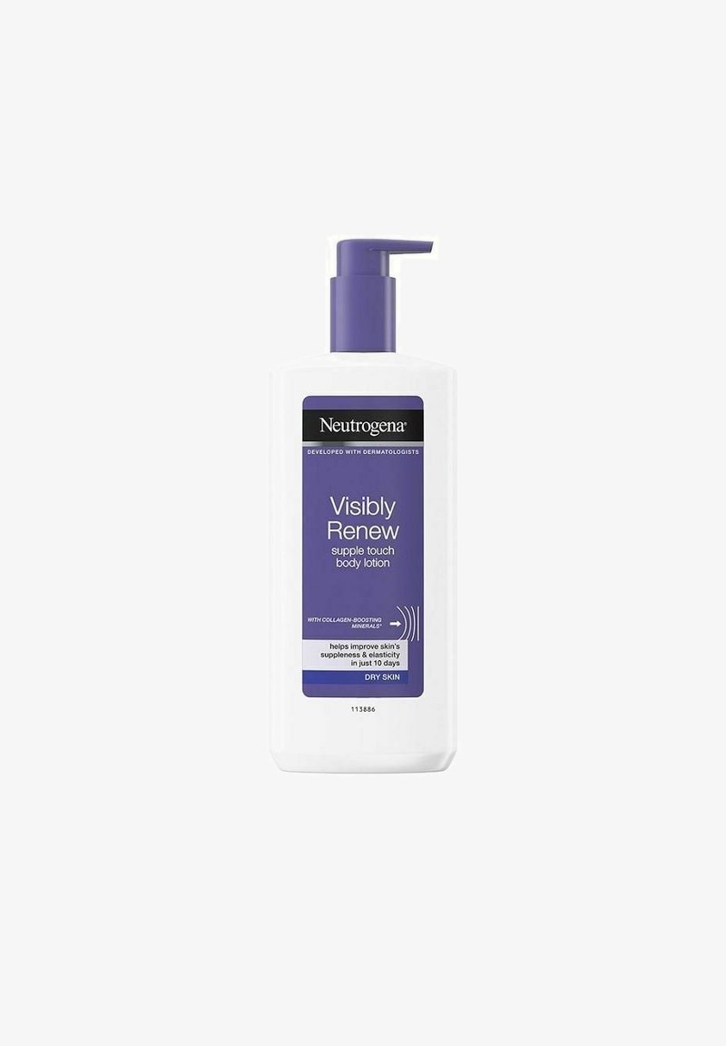 Neutrogena Visibly Renew kroppslotion i en vit flaska med en lila pump. Har en lila etikett som beskriver kollagen-boostande egenskaper.
