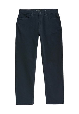 Schwarze Denim-Jeans mit geradem Bein, fünf Taschen und kontrastierenden Nähten. Mit einem Knopf- und Reißverschlussverschluss an der Taille.