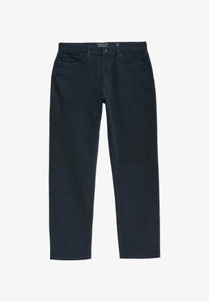 Schwarze Denim-Jeans mit geradem Bein, fünf Taschen und kontrastierenden Nähten. Mit einem Knopf- und Reißverschlussverschluss an der Taille.