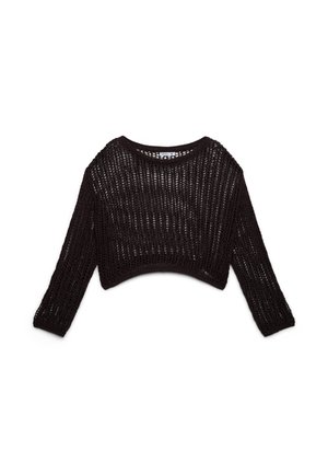 Maglione nero corto con design a maglia larga, maniche lunghe, scollo tondo e motivo strutturato su tutta la superficie.