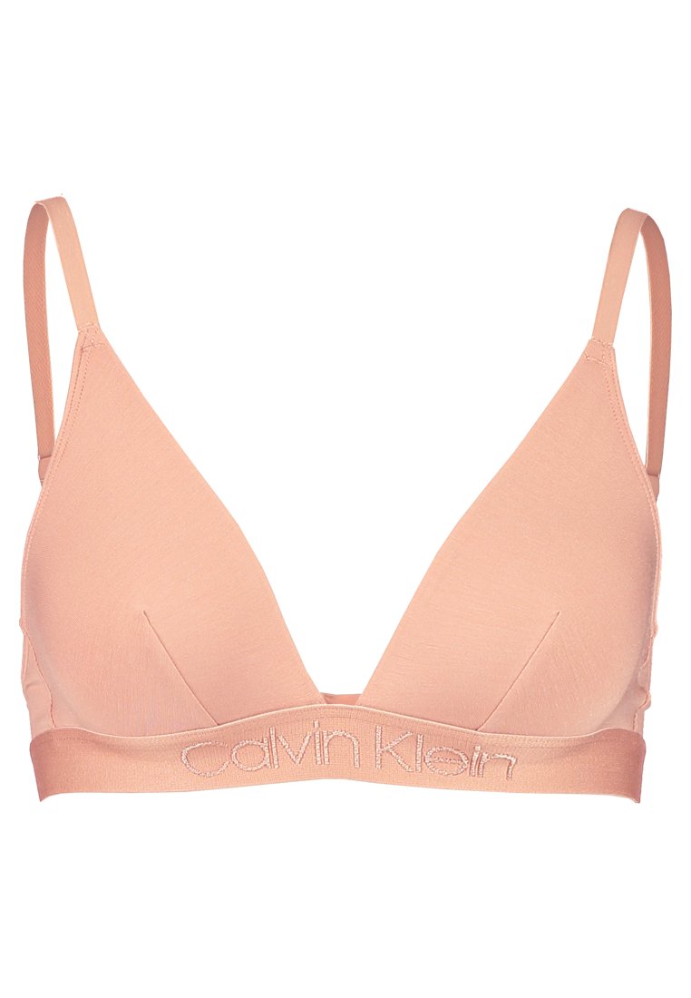 Dreieck-Bralette aus weichem pinkfarbenem Stoff mit verstellbaren Trägern, featuring einen breiten Bund mit 'Calvin Klein' in kontrastierender Farbe eingestickt.