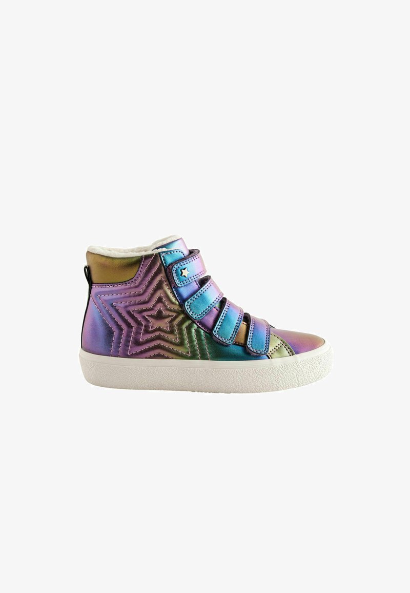High-top sneakers with iridescent textile in green, purple, and blue, featuring star design, three Velcro straps, and a rubber sole.
