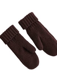 Manuși tricotate de culoare burgundă, cu manșete drepte, realizate dintr-un material moale cu textură, având o culoare uniformă, fără modele sau ornamente.