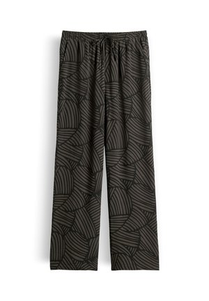Schwarze und dunkelgraue Hose mit weitem Bein, elastischem Bund und Kordelzug, mit abstraktem, gebogenem Streifenmuster.
