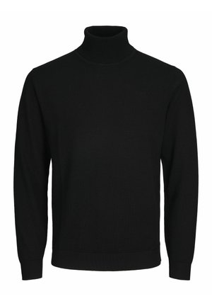 Črn pulover s turtleneck ovratnikom iz gladkega pletenega materiala, s dolgimi rokavi in prilegajočim robom, brez vidnih vzorcev ali okraskov.