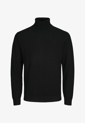 Črn pulover s turtleneck ovratnikom iz gladkega pletenega materiala, s dolgimi rokavi in prilegajočim robom, brez vidnih vzorcev ali okraskov.