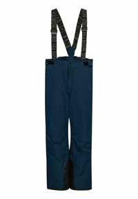 Pantalones de nieve azules con tirantes negros ajustables, cinturilla elástica y detalles negros en la parte inferior. Fabricados con material duradero y resistente a las inclemencias del tiempo.