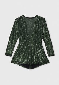 Combinaison courte à manches longues en sequins vert foncé, avec un décolleté en V profond et une taille cintrée, posée à plat sur un fond clair.