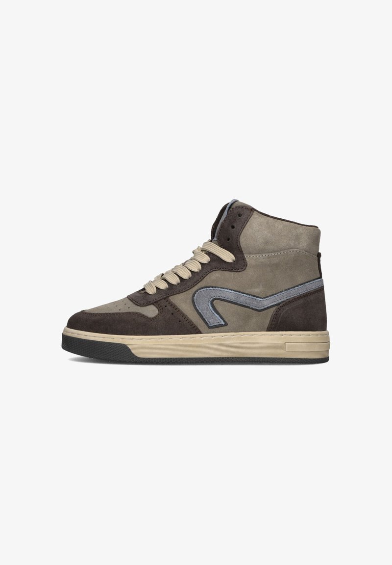Hoge sneakers van suede in tinten bruin en grijs. Heeft een blauwe leren accent en roomkleurige veters. Getextureerde rubberen zool.