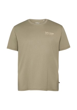 Olijfgroene T-shirt met korte mouwen, bedrukt met de tekst "Let's Unite" op de linkerbovenborst, ronde hals en een casual pasvorm.