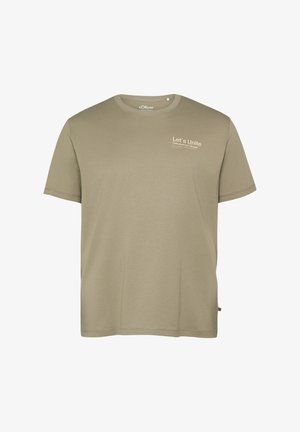 T-shirt manches courtes vert olive avec le texte « Let's Unite » imprimé sur la partie supérieure gauche de la poitrine, col rond et coupe décontractée.