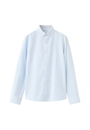 Hellblaues langärmeliges Hemd mit einem dezenten vertikalen Streifenmuster und einem Button-Down-Kragen.