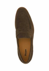 Brown suede men's loafer with a rounded toe, decorative strap, and tan interior labeled "Dune London" against a white background.