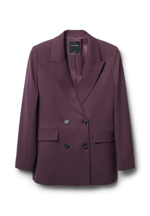 Blazer doppiopetto di un profondo color prugna realizzato in tessuto liscio, con rever a punta, due tasche frontali e bottoni neri.