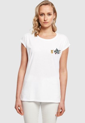 White cotton T-shirt featuring rolled sleeves and a round neckline, adorned with colorful embroidered characters, Tom and Jerry, on the chest.