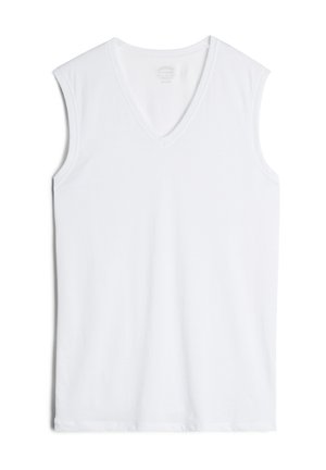 Witte mouwloze V-hals top, vervaardigd van zachte stof, met een eenvoudig ontwerp, nette afwerkingen en een rechte zoom.