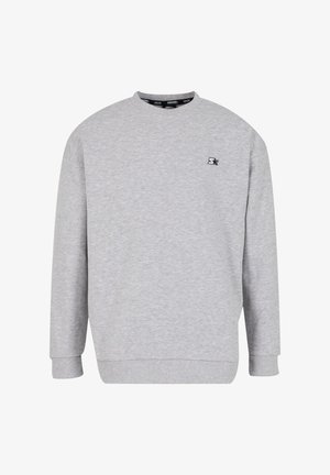 Grey sweatshirt made of soft fabric, featuring a crew neck, long sleeves, ribbed cuffs, and a small embroidered logo on the chest.
