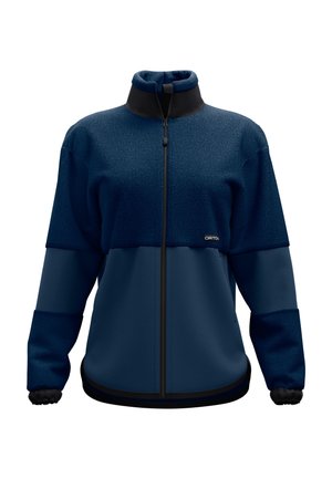 Navy zip-up fleece jacket with a high collar, textured upper panel, and smooth lower panel. Features elastic cuffs and subtle logo detail.