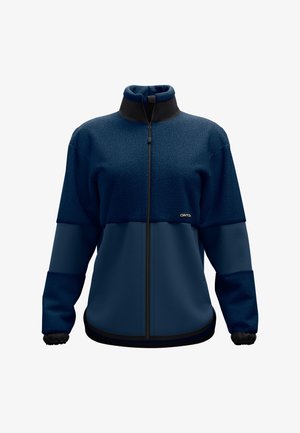 Navy zip-up fleece jacket with a high collar, textured upper panel, and smooth lower panel. Features elastic cuffs and subtle logo detail.