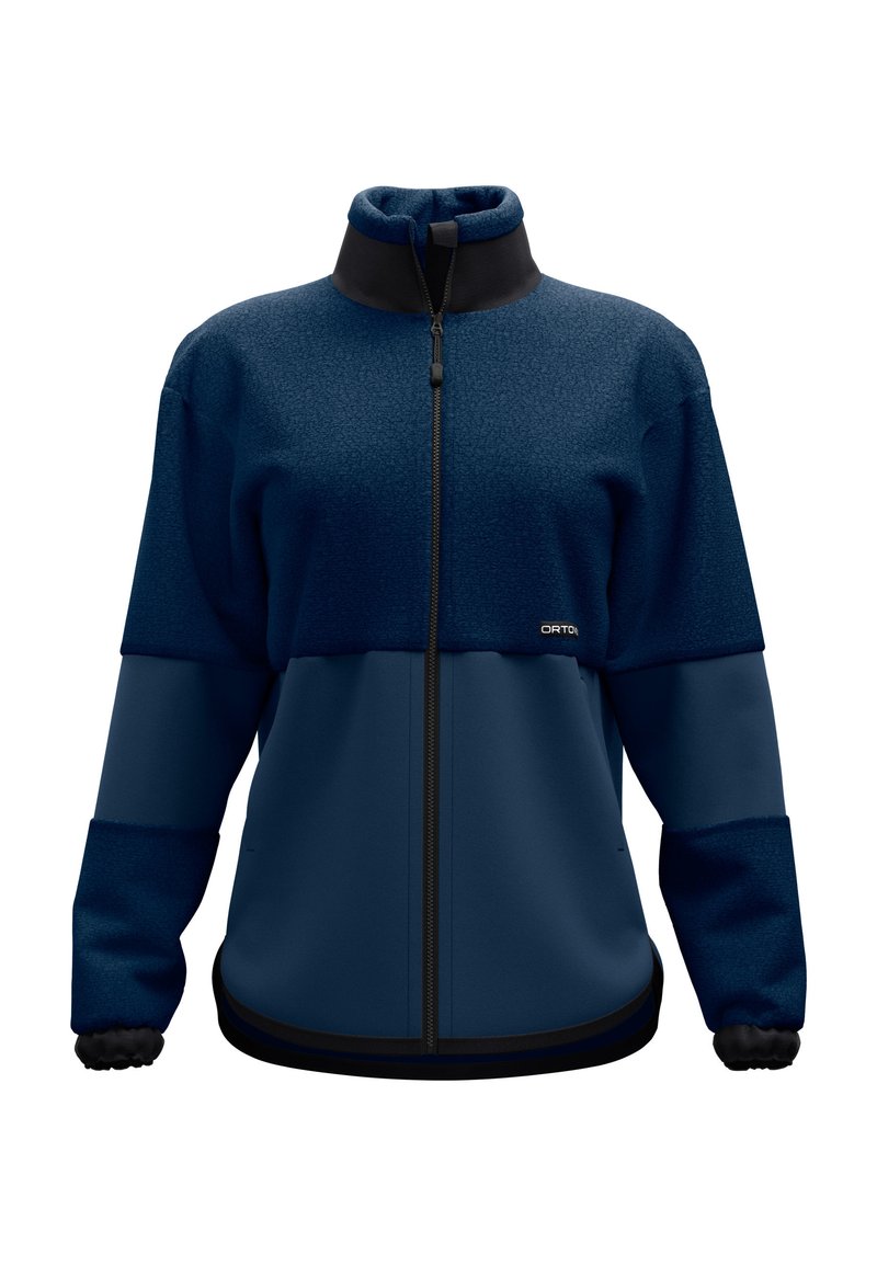 Marineblaues Fleece-Jacke mit Reißverschluss, hohem Kragen, strukturiertem oberen Bereich und glattem unteren Bereich. Mit elastischen Bündchen und dezentem Logo-Detail.