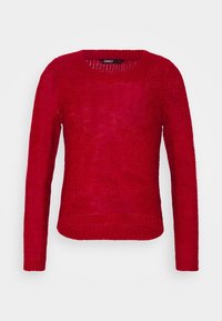Maglione rosso lavorato a maglia con scollo rotondo, maniche lunghe e vestibilità ampia. Tessuto texturizzato con un motivo leggermente velato in tutta la superficie.
