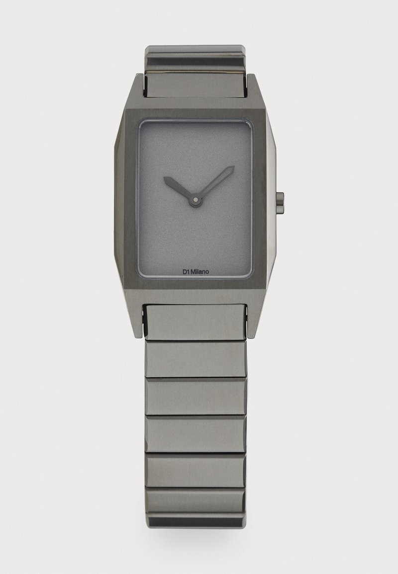 Rectangular metallic watch with gray matte face, silver hands, and link bracelet. Features sharp edges and minimalistic design.