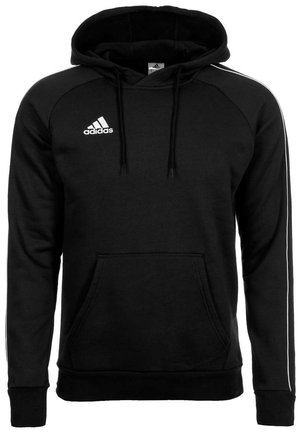 Czarna bluza z kapturem Adidas z białym logo na klatce piersiowej, kapturem z troczkami, przednią kieszenią kangurzą i białym obszyciem na rękawach.