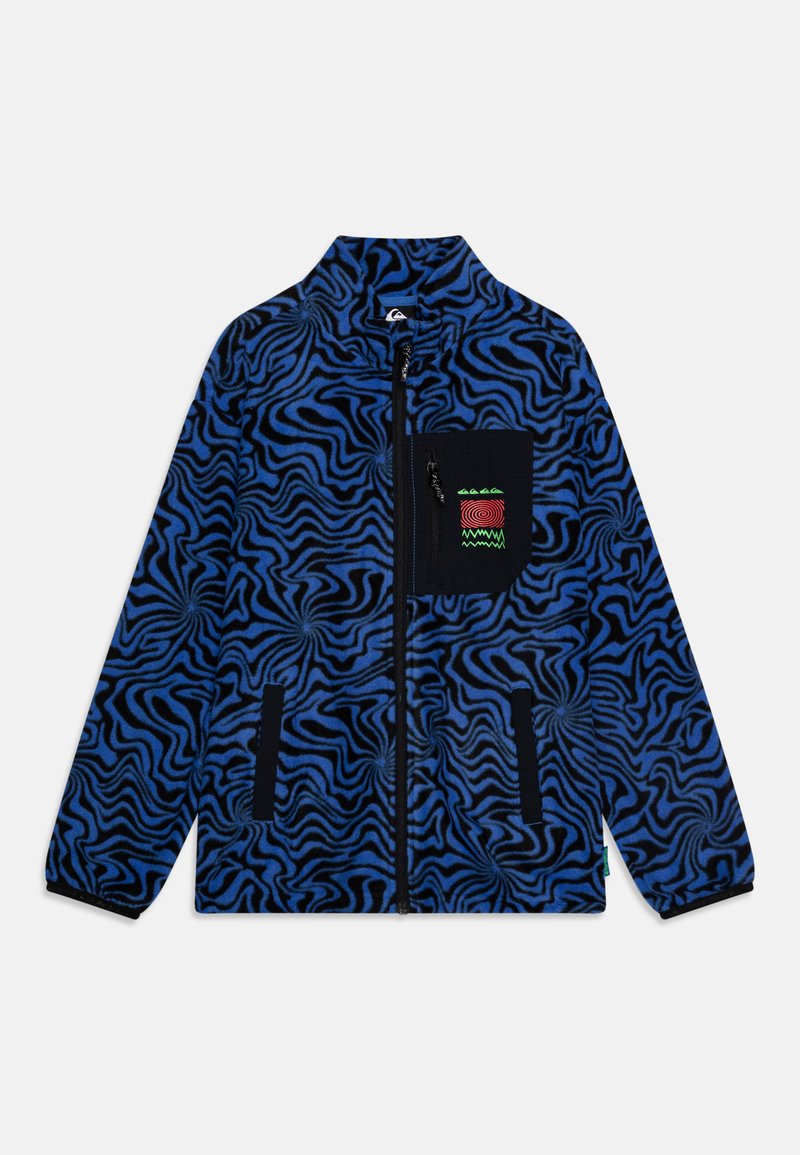 Veste en polaire bleue et noire avec un motif en vagues, fermeture éclair à l'avant, col montant et une poche avec un design brodé coloré.