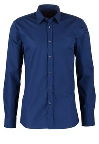 Marineblaue Langarmbluse aus glattem Stoff mit durchgehendem Knopfverschluss, kontrastierenden Knöpfen und einem strukturierten Kragen.