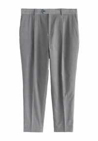 Pantalones de color gris claro con corte recto, que cuentan con un cierre de botón, pliegues y un tejido suave y texturizado. Adecuados para uso casual o formal.