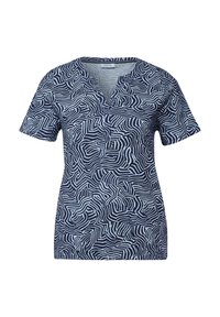 Top blu navy a maniche corte con scollatura a V e motivo astratto a zigzag bianco. Realizzato in materiale morbido, presenta una vestibilità rilassata e cuciture laterali.