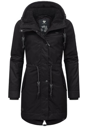 Parka noire pour femme avec capuche, doublure polaire, taille et cordons d'ourlet réglables, boutons-pression et poches latérales.
