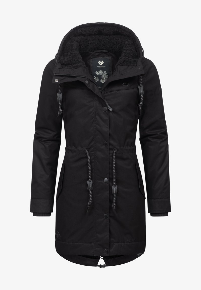 Parka noire pour femme avec capuche, doublure polaire, taille et cordons d'ourlet réglables, boutons-pression et poches latérales.