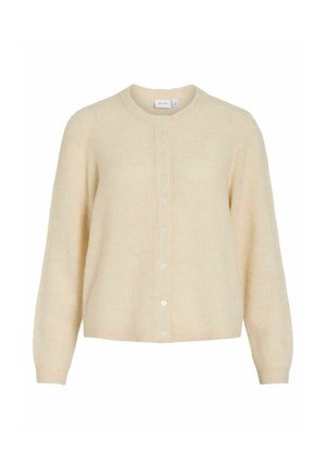 Ljusbeige cardigan tillverkad av ribbad textil. Har rund halsringning, långa ärmar och sju knappar fram.