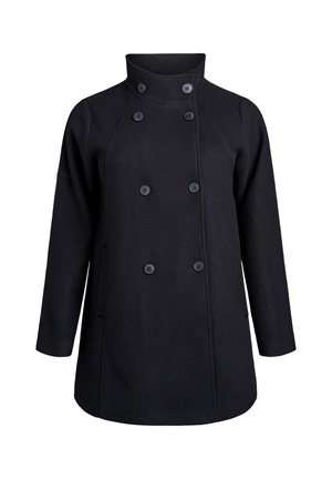 Black wool coat featuring a high collar, double-breasted button closure, and side pockets with a smooth, textured finish.