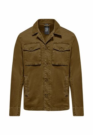 Braune Jacke zum Knöpfen mit zwei Brustklappentaschen und zwei Seitentaschen, mit Kragen und langen Ärmeln.