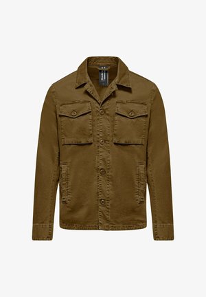 Braune Jacke zum Knöpfen mit zwei Brustklappentaschen und zwei Seitentaschen, mit Kragen und langen Ärmeln.