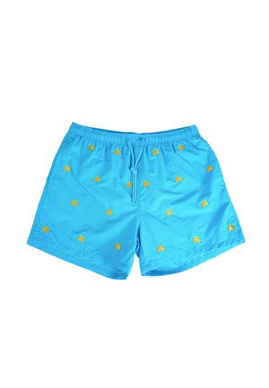 Pantaloncini da bagno blu brillante con cintura elastica, coulisse e piccoli motivi di limoni gialli sparsi sul tessuto.