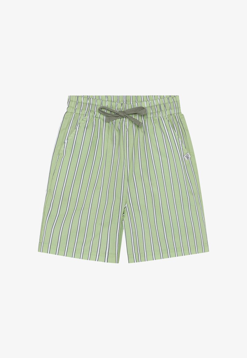Shorts rayés verts en tissu léger. Dotés d'une ceinture élastique avec cordon de serrage et de poches latérales. Rayures verticales bleues marine.