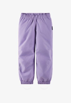 Kinder leichte lila wasserdichte Hosen mit elastischem Bund, Knöchelbündchen und Fußriemen, für den Außeneinsatz entworfen.