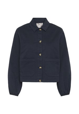 Tmavomodrá bunda na gombíky s dlhými rukávmi, dvoma prednými vreckami, golierom a elastickými manžetami.