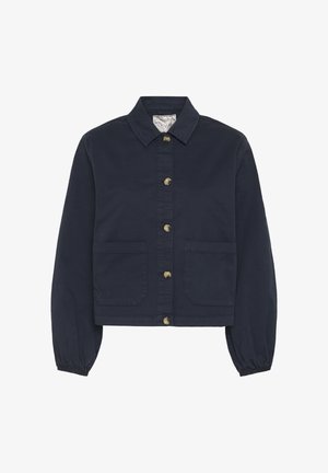 Tmavomodrá bunda na gombíky s dlhými rukávmi, dvoma prednými vreckami, golierom a elastickými manžetami.