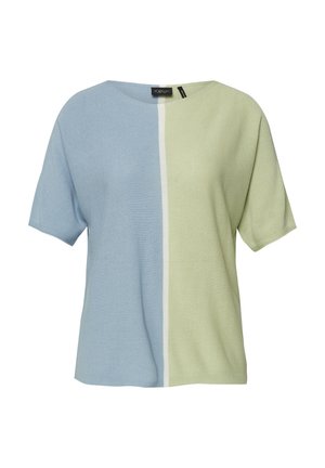 Short-sleeve knit top with a vertical split design in light blue on the left and pale green on the right, separated by a thin white stripe.
