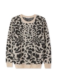Maglione in stampa leopardata beige e nero, con collo rotondo, polsini a costine e una texture di maglia morbida. Il motivo nero contrasta con il colore di base.