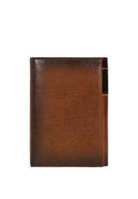 Brown leather wallet with a smooth texture, slim vertical design, and subtle stitching detail along the edges. Compact and simple.