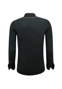 Zwart shirt met lange mouwen in een lichte stof, met een kraaghals, rugdeel en knoopmanchetten. Gladde textuur en minimale stikdetails.