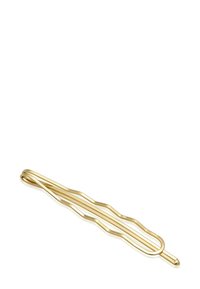 Broche en or avec un design ondulé, fabriquée en métal. Présente une texture lisse et une forme allongée, s'effilant vers une extrémité arrondie.