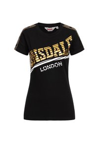 Black cotton t-shirt featuring bold gold and white "Lonsdale London" text, short sleeves, and a crew neck design.