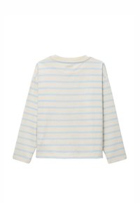 Chemise à manches longues couleur crème avec des rayures horizontales bleu clair. Texture douce, encolure ronde et ourlet droit à la taille.